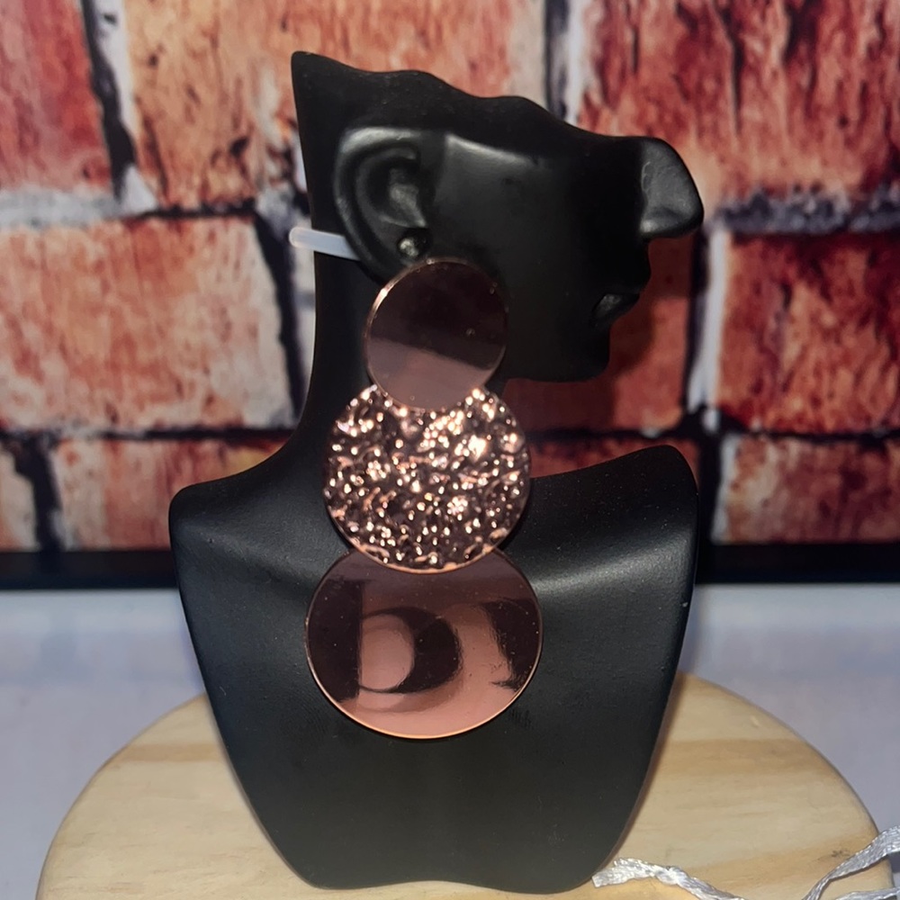 Rose Gold Textured Disc Drop Earrings